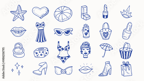 Hand drawn vintage fashion and pin up icons a collection of classic style illustrations perfect for apparel websites and retro designs