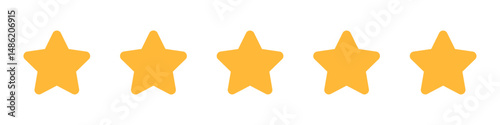 Five gold star rating. Satisfaction Rating and Leaving Positive Review. Online feedback reputation quality customer review. Review and rate us stars, business concept for apps and websites. Rate us