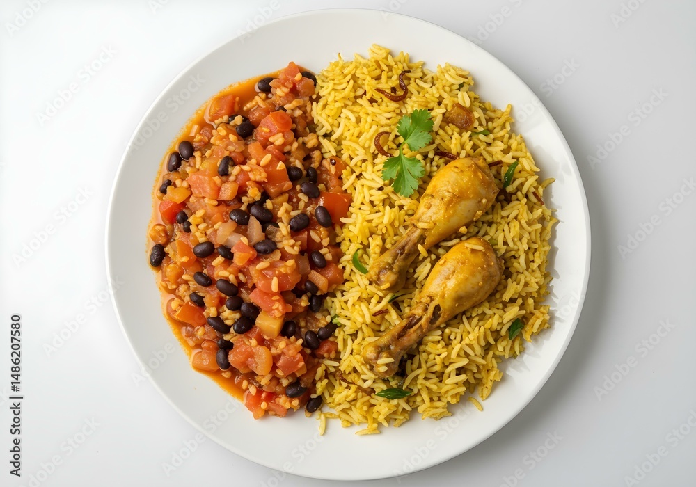 “Top view shot of a white plate with two traditional dishes.The left side features Mexican-style tomato rice and the right side displays Indian chicken biryani. “Top view shot of a white plate with two traditional dishes.The left side features Mexican-style tomato rice and the right side displays Indian chicken biryani.
