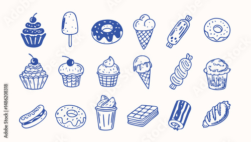 Hand drawn vector icons of delicious desserts and snacks perfect for menus recipe books or food blogs