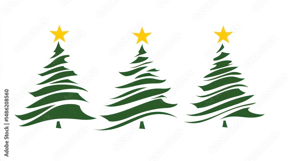 Obraz premium Three stylized Christmas trees with wavy, dark green outlines and gold stars atop, set against a white background