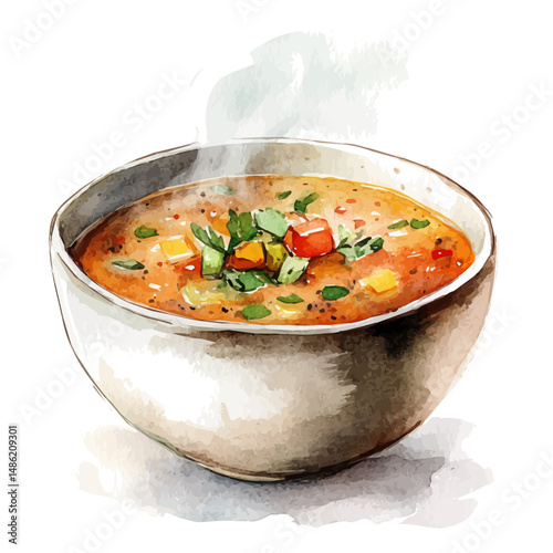 Steaming Bowl Of Soup, watercolor illustration vector, high quality, isolated on a white background.