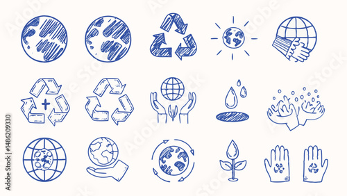 Hand drawn environmental icons set for sustainable living eco friendly design and nature conservation projects