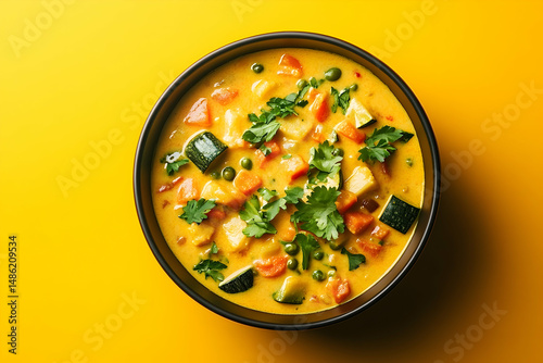 Top view of a vibrant curry dish in a dark bowl.