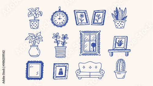 Hand drawn set of everyday home elements for decor including kitchen living room and bedroom items perfect for scrapbooking cards and home decor projects
