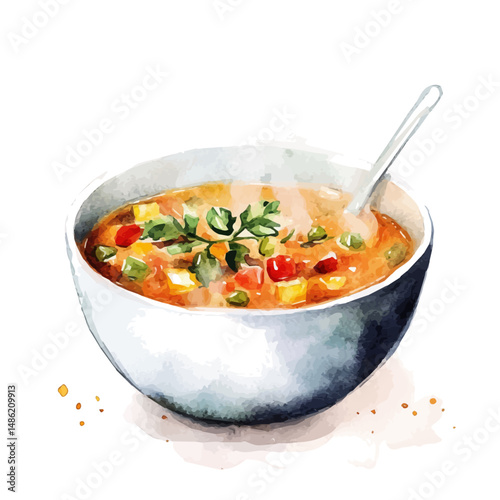 Steaming Bowl Of Soup, watercolor vector, high quality, isolated on a white background.