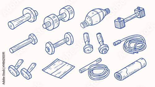 Hand drawn Fitness Equipment and Gym Gear Illustrations Weights Dumbbells Barbells and More