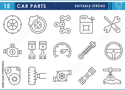 A set of line icons related to Car Parts. Engine, wheel, oil, pistons, repair, and so on. Vector editable stroke.