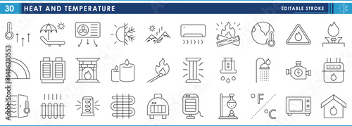 A set of line icons related to Heat and Temperature. Heat, hot, gas, burn, fire, heater, feel, and so on. Vector editable stroke.