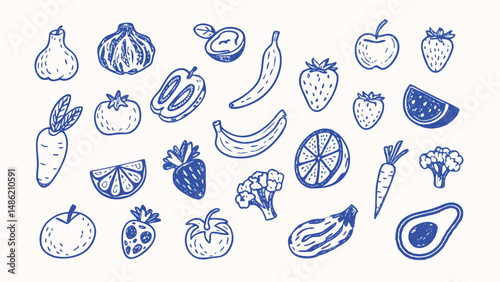 Hand drawn collection of fruits and vegetables vibrant illustrations of apples berries carrots and more perfect for culinary designs farm fresh branding or healthy lifestyle projects