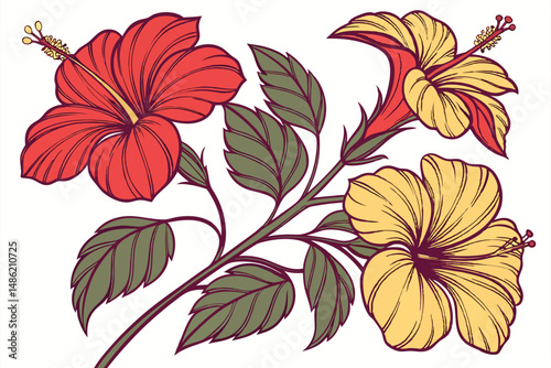 133 detailed photorealistic oil painting of vibrant red and yellow hibiscus flowers with green leaves, lush floral tropical pattern, highly detailed botanical illustration, warm colors, dynamic compos