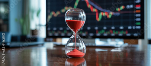 Hourglass with Red Sand and Financial Charts