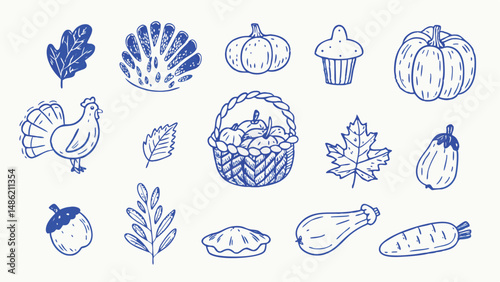Hand drawn Harvest Icons Autumn Holiday Collection of Fall Vegetables Fruits and Thanksgiving Elements