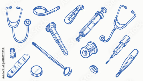 Hand drawn medical instruments set detailed illustrations of scalpels forceps syringes and other healthcare tools perfect for medical websites brochures or educational materials