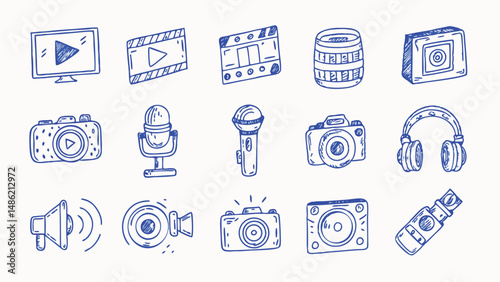 Hand drawn multimedia icons set for live streaming broadcasting and video production