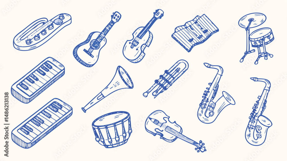 Hand drawn set of musical instruments guitars drums violins trumpets and other instruments perfect for music themed designs and projects Hand drawn set of musical instruments guitars drums violins trumpets and other instruments perfect for music themed designs and projects