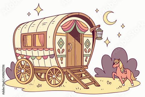 134 gypsy caravan, ornate wooden wagon, horse-drawn carriage, vintage traveling wagon, colorful boho style, fantasy illustration, detailed digital painting, vibrant colors, warm lighting, whimsical de