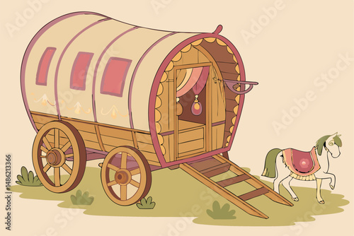 134 gypsy caravan, ornate wooden wagon, horse-drawn carriage, vintage traveling wagon, colorful boho style, fantasy illustration, detailed digital painting, vibrant colors, warm lighting, whimsical de