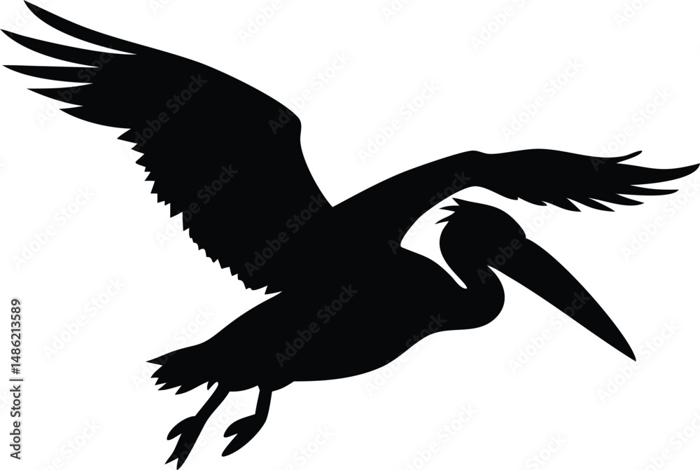 Fototapeta premium A majestic pelican silhouette soars gracefully, wings outstretched against a white background, creating simple beauty