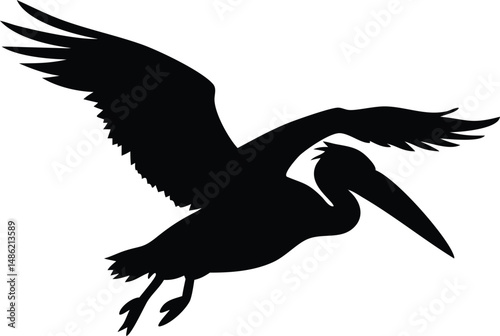 A majestic pelican silhouette soars gracefully, wings outstretched against a white background, creating simple beauty