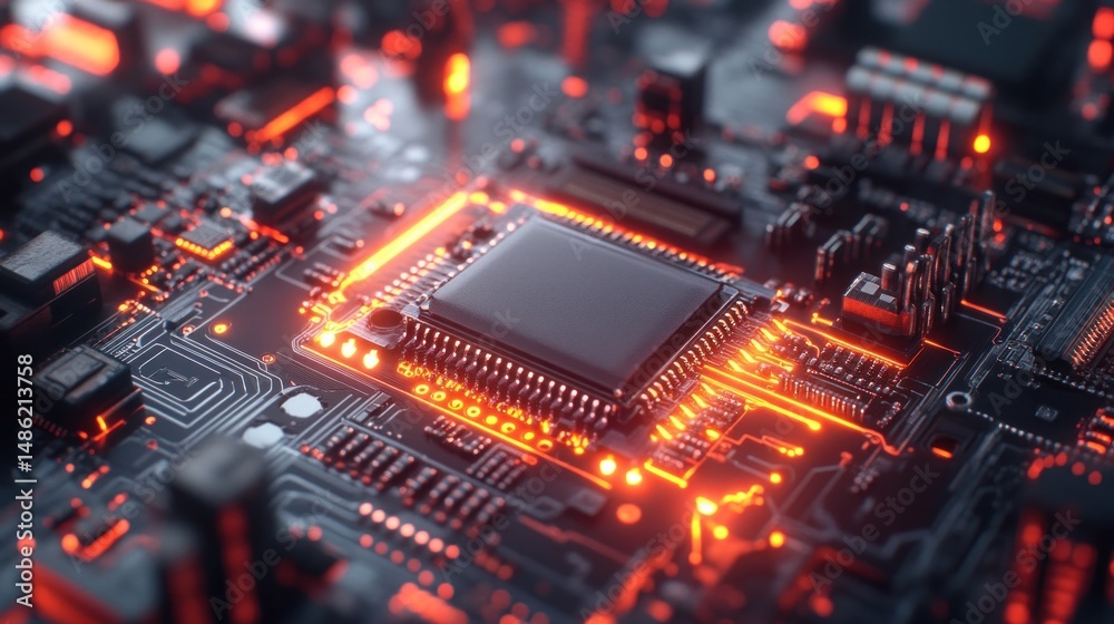 Close-up of a glowing circuit board with a central processor Close-up of a glowing circuit board with a central processor