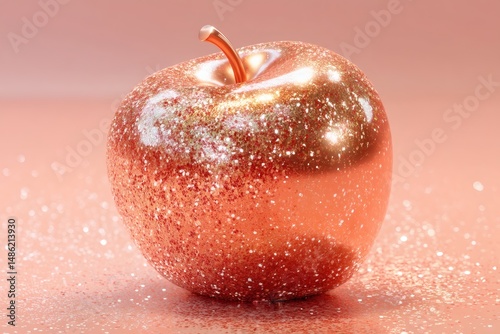 A sparkling, golden apple, reflecting light on a pink background, an invitation to a touch of extravagance and sophistication.