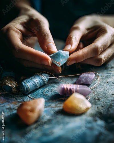 Close-up of hands creating a beautiful, gemstone necklace. The focus is on the artisan's hands carefully threading a gemstone onto a delicate cord.