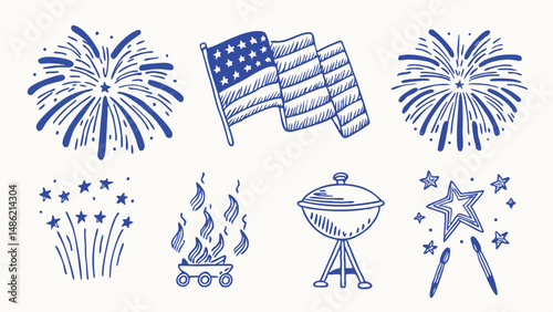 Hand drawn patriotic elements stars stripes banners and other festive illustrations perfect for Independence Day designs and celebrations