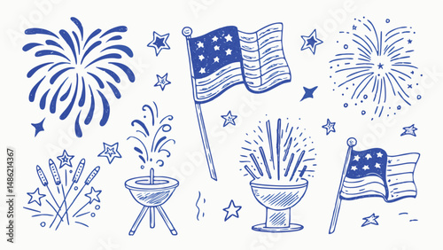 Hand drawn patriotic elements collection stars stripes banners and more for Independence Day designs