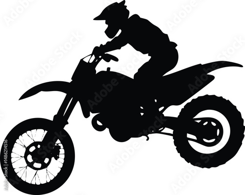 A motocross rider in silhouette is riding a dirt bike on a white background