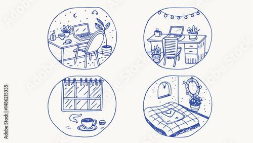 Hand drawn illustrations depicting various remote work scenes ideal for freelance professionals and businesses showcasing work from home lifestyles