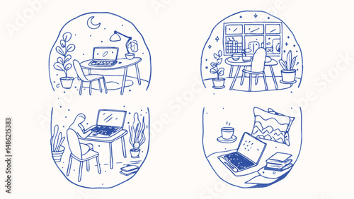 Hand drawn illustrations depicting remote work scenes perfect for freelance professionals and businesses showcasing work from home lifestyles
