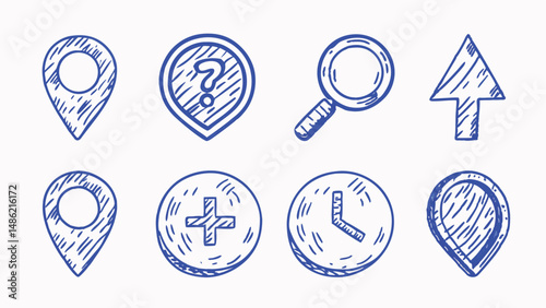 Hand drawn social media icons set for content tagging featuring various symbols and elements for online sharing and engagement