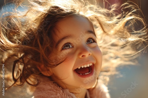 An adorable, laughing little girl with the sunlight highlighting her hair and joyful expression. She's looking upwards with pure delight