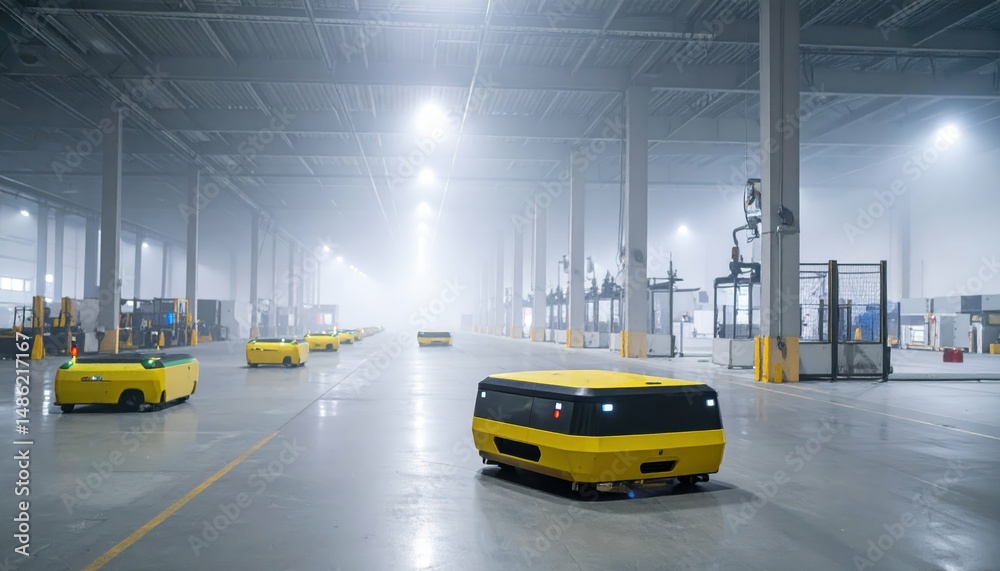 Fototapeta premium Automated Guided Vehicles in Industrial Distribution Center Atmosphere