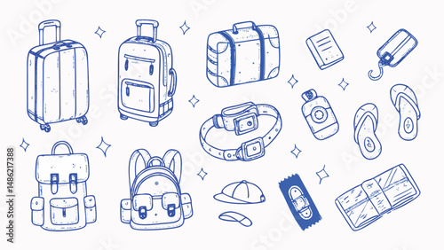 Hand drawn illustrations of travel essentials for packing suitcases maps passport tickets and more