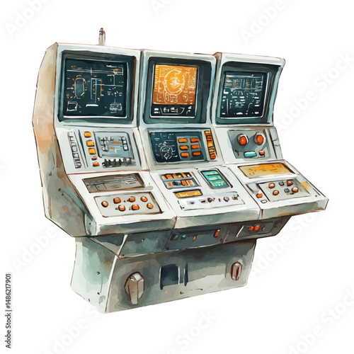 watercolor of Space Station Control Panel, vector high quality, isolated on a white background.
