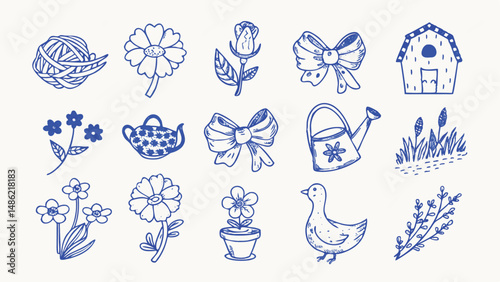 Hand drawn spring elements cute flowers leaves and whimsical doodles for design projects