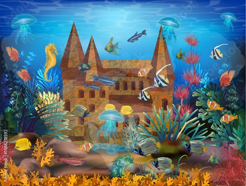 Underwater banner with sand castle, vector illustration