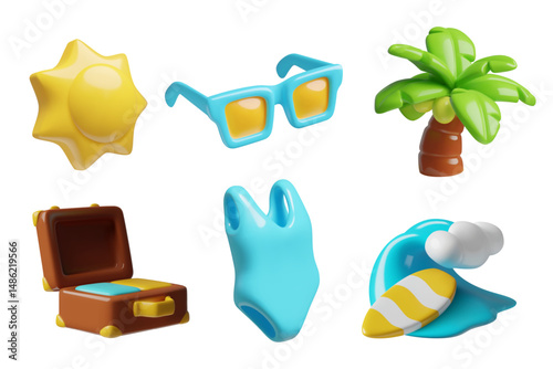Summer beach vacation 3d vector icons set including a sun, sunglasses, wave surfing, palm tree, retro suitcase and blue swimsuit. 