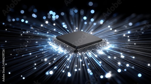 Futuristic microchip with glowing particles around. Industrial IoT and Cloud AI