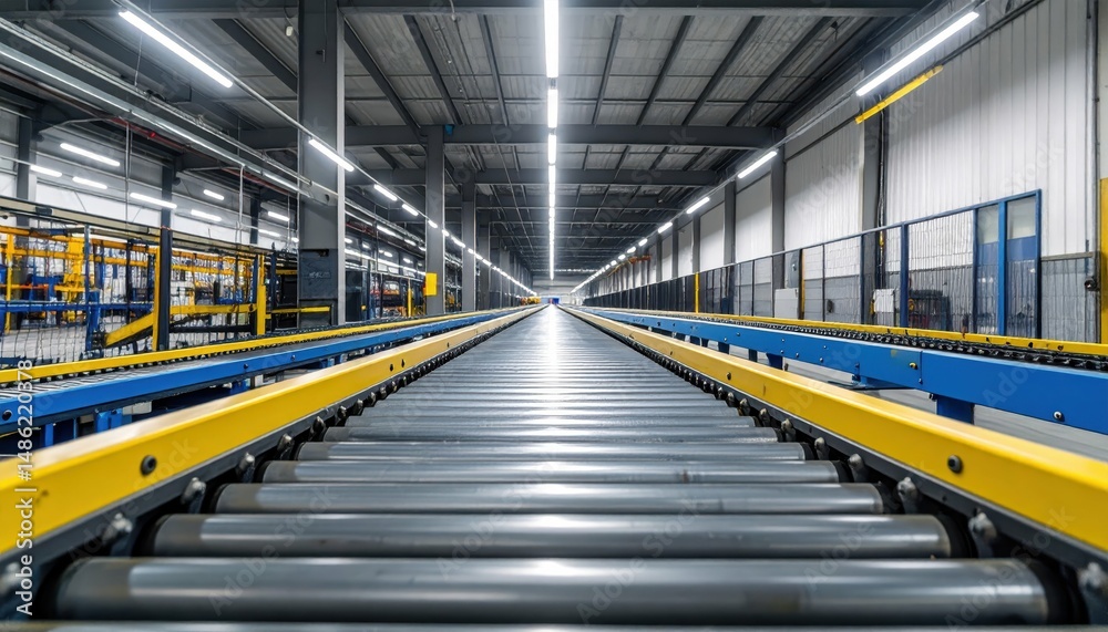 Fototapeta premium Industrial Storage Facility with Conveyor Belts Under Fluorescent Lights
