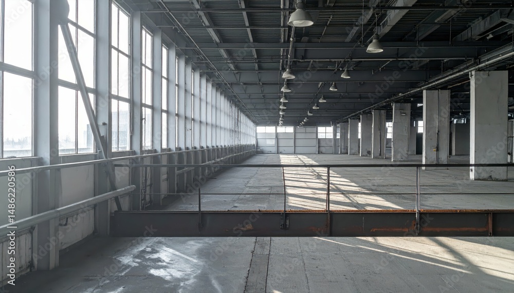 Naklejka premium Spacious Industrial Warehouse Mezzanine Bathed in Soft Morning Light