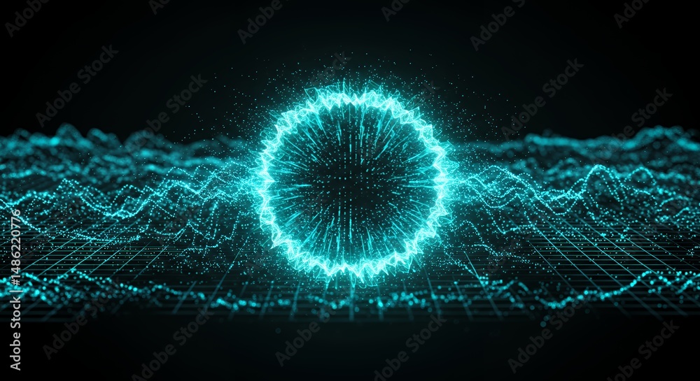 Obraz premium Futuristic glowing circle over data landscape, digital technology visualization concept