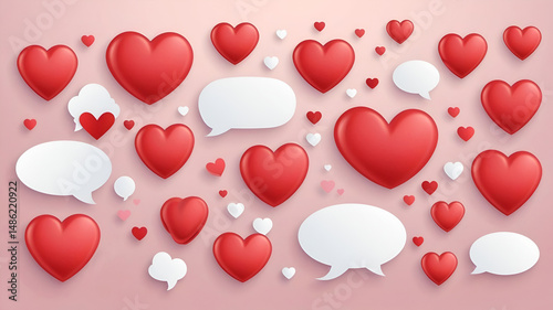 Heart speech bubble 3d icon clipart set. Hearts shape balloons, nubes, love sign, like buttons and chat symbol collection for social media graphic elements clip art. Vector illustration love speech