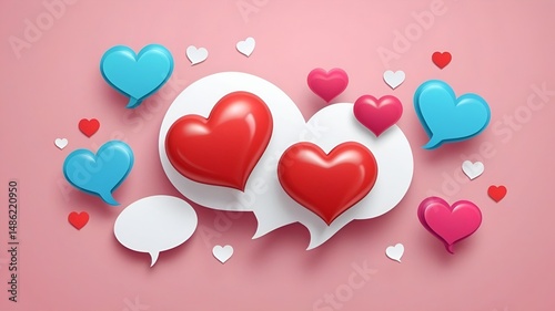 Heart speech bubble 3d icon clipart set. Hearts shape balloons, nubes, love sign, like buttons and chat symbol collection for social media graphic elements clip art. Vector illustration love speech