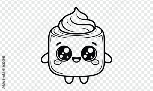Cute Kawaii Dessert Character with Big Eyes and Whipped Cream Topping – Black and White Cartoon Line Art
