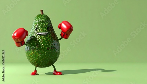Animated Avocado Character Wearing Boxing Gloves Stands Against Green Backdrop