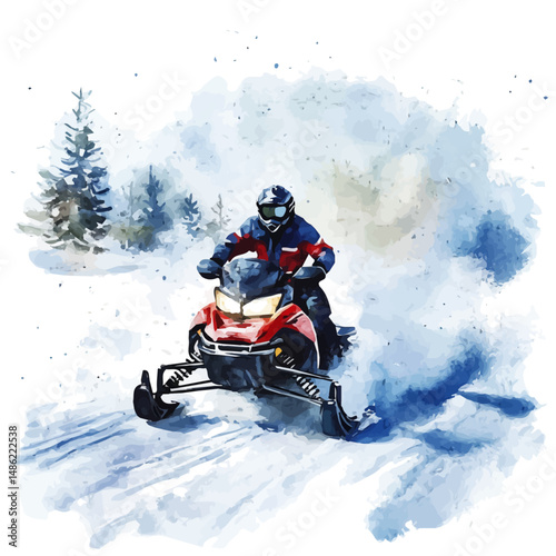 watercolor of Snowmobile Zooming Across A Snowy Landscape, vector high quality, isolated on a white background.
