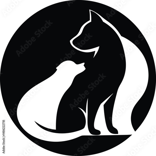 Black and white cat and dog silhouette share a mutual loving glance inward